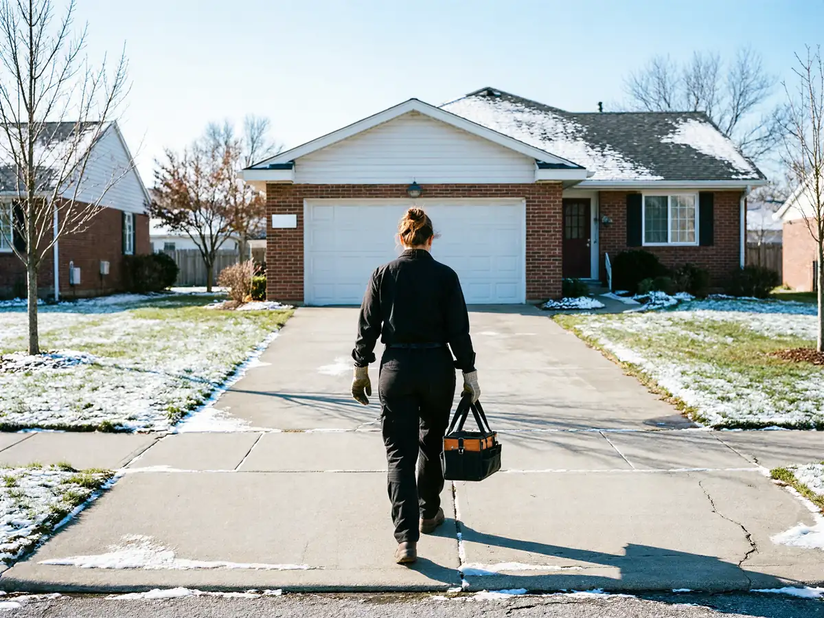 A technician walks toward a house with a white garage door, carrying a toolbox.