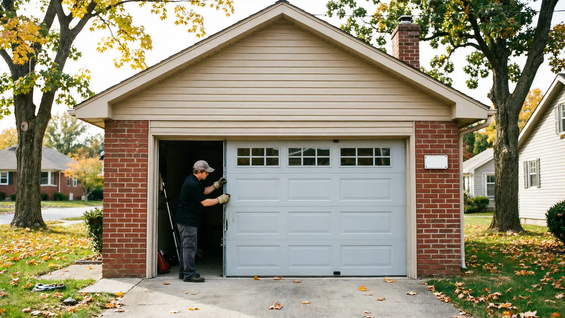 A technician in a cap and gloves is working on a light gray garage door.