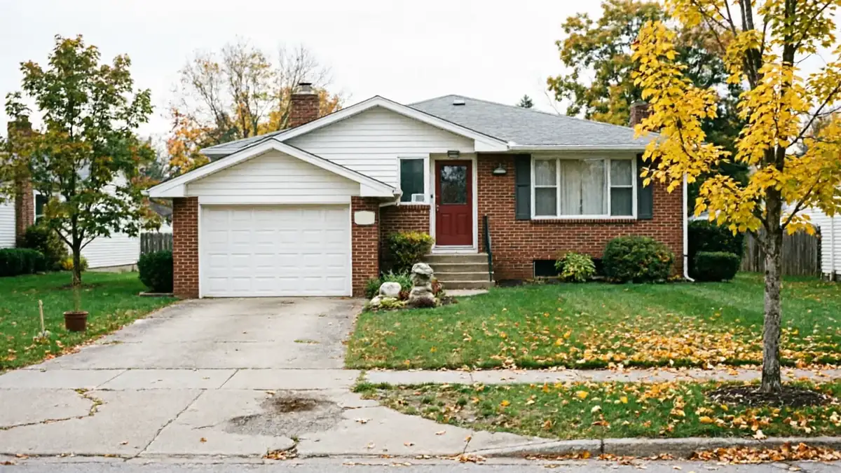 A brick house with a white garage door and a red front door.