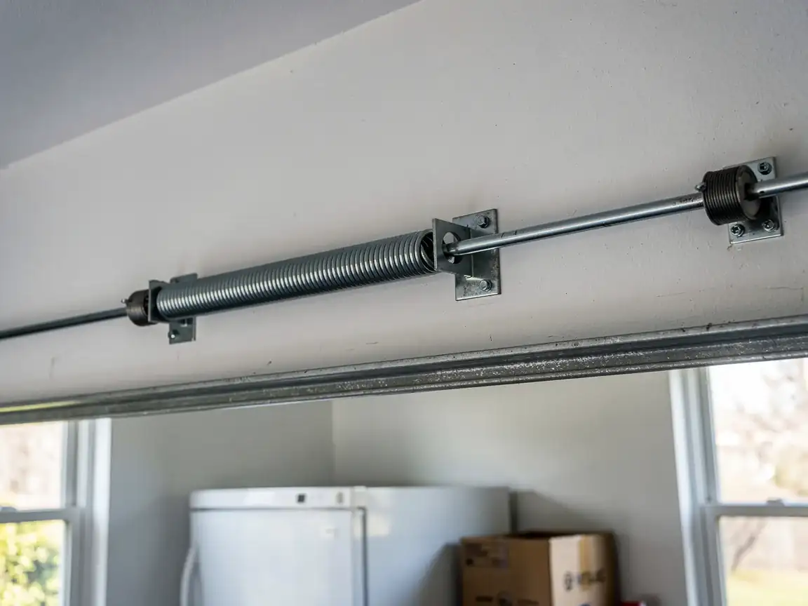 A garage door torsion spring is mounted above the garage door opening.