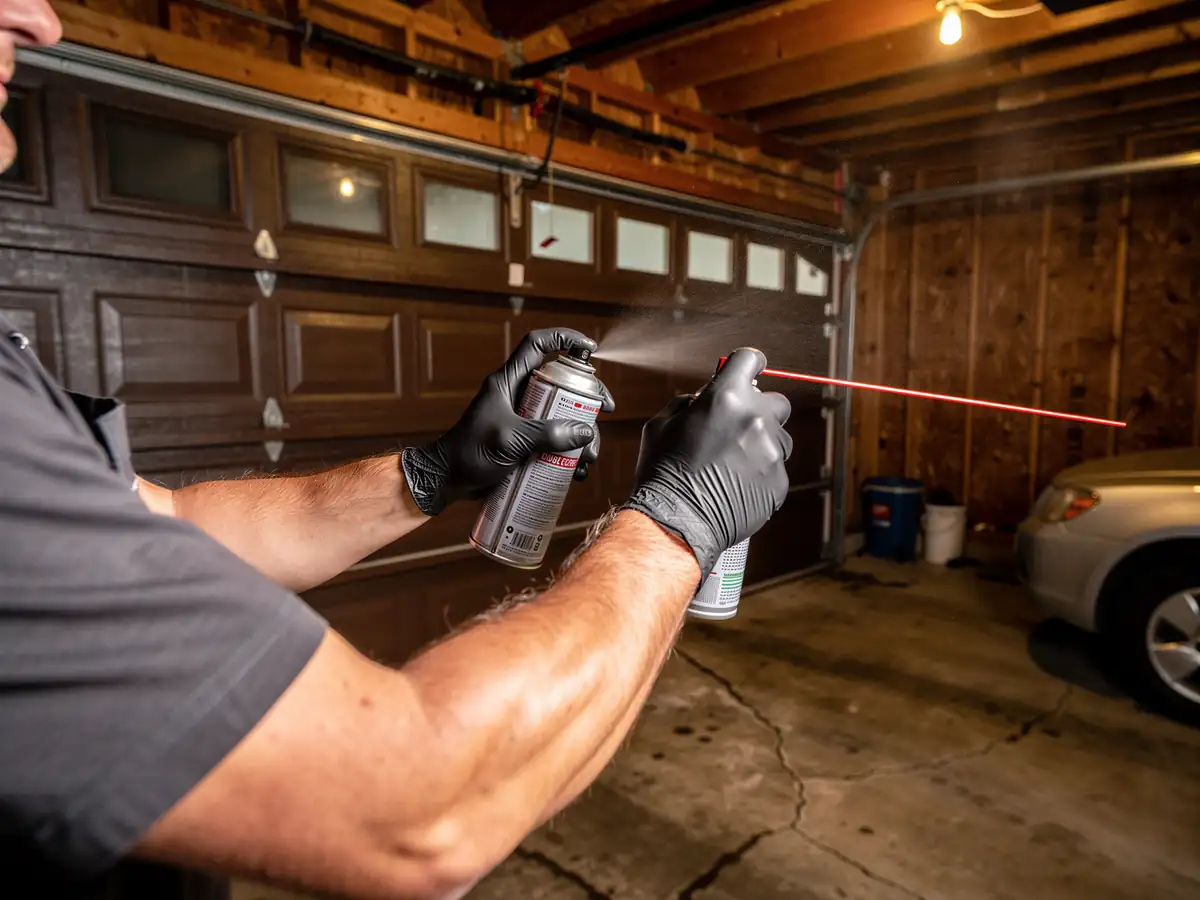 A technician sprays lubricant from two cans in a garage with a brown door.