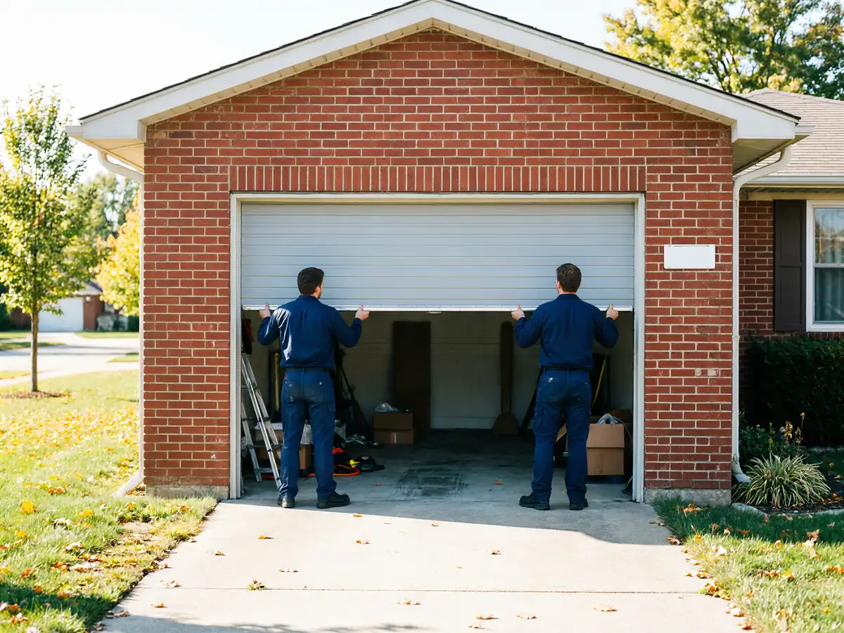Two technicians in blue uniforms are installing a light gray garage door on a brick house.